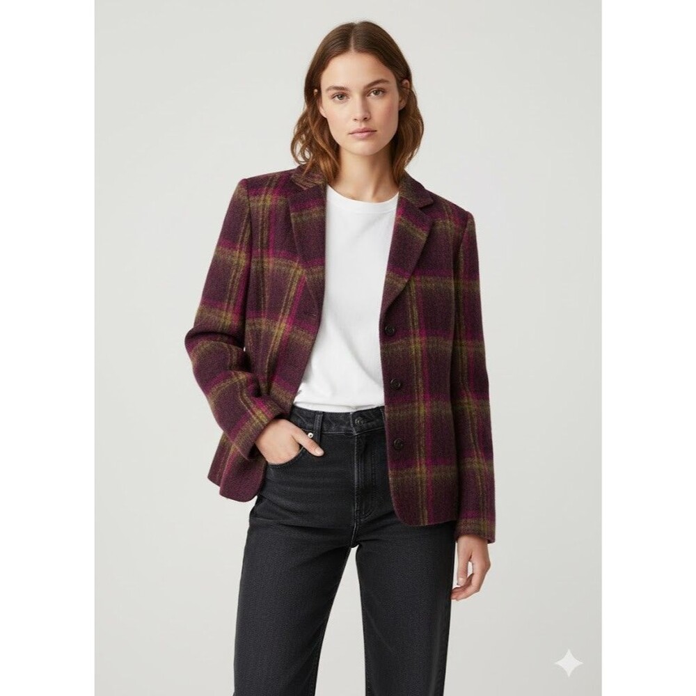 Vintage Kasper Women 12 Brushed Wool Blend Plaid‎ Tweed Blazer Violet Green